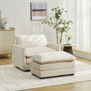 JUSTLET Accent Chair with Ottoman, Comfy Corduroy Sofa Chair with Large Seat and Armrests, Modern Armchair Reading Chairs for Living Room Bedroom, Beige